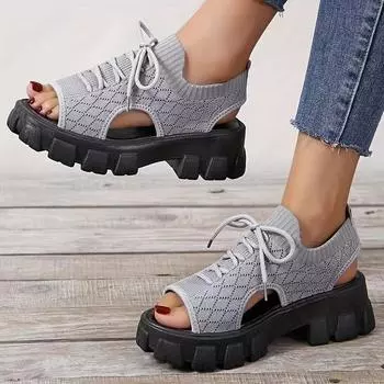 Women Sandals Lace-up Hollow Out Platform Wedge Shoes Summer Mules Sandal Open Toe Platform Sandals Mesh Elastic Sandalias 36 чёрный