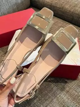 Women Sandals Metal Square Buckle Patent Leather Thick Heel Square Toe Sandal Spring Casual Low Heel Back Strap Fashion Sandals 35