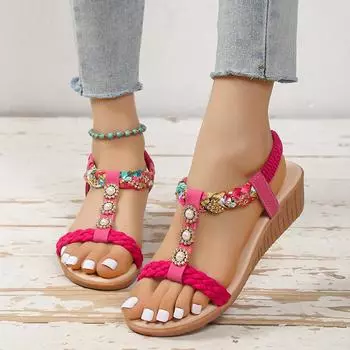 Women Sandals New Summer Fashion Casual Wedge Round Toe Sandals Women Large Size Sexy Floral Comfortable Solid Color Shoes Women 36 бежевый