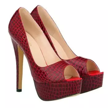 Women Sandals Pumps 14cm Sexy Peep Toe Platform High Heels Crocodile Pattern Shallow Party Stilettos Female Red Wedding Shoes 35