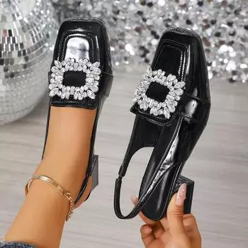 Women Sandals Summer 2025 New Baotou Shoes Women French Retro Square Headed Shoes Water Diamond Buckle Thick Heel Sandals Women 35
