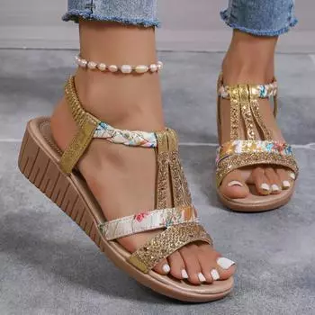 Women Sandals Summer Bohemia Rhinestones Casual Platform Sandals Female Peep Toe Outdoor Beach Sandals Wedges Shoes for Women 35 небесно-голубой