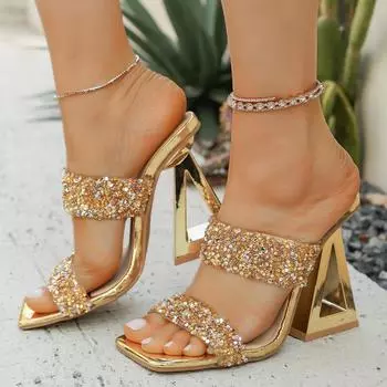 Women Sandals Summer Open Toe Crystal Heel Party Dress Shoes for Woman Fashion Double Band Glitter High Heels Sandals Women 36