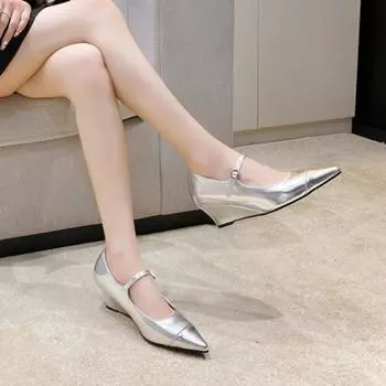 Женские босоножки на танкетке, туфли на среднем каблуке Marie Jane 2024, осенние новые туфли в стиле Лолита с острым носком, дизайнерские туфли-лодочки, женская обувь Zapatos 35 чёрный