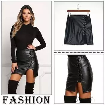 Women Sexy Bandage Lace Up PU Leather Skirts High Waist Black Low Cut Pencil Bodycon Short Mini Skirt Summer XXXXXL