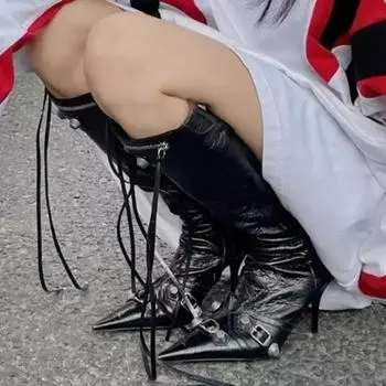 Women Sexy Chelsea Boots Pointed Toe High Heels Shoes Designer Winter New Stilettos Knee High Boots Pumps Motorcycle Botas 34 чёрный