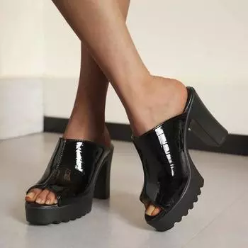 Women Sexy Cute High Heels Mules Black Open Toe Platform Mules Ladies Leather Sole Slippers Femal Slip on Sandals Shoes Womens 35 чёрный