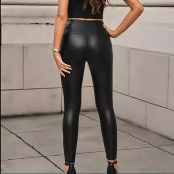 Women Sexy Faux Leather Shiny Legging Trousers Trendy Plus Size High Waist Tight Stretch Yoga Pant S чёрный