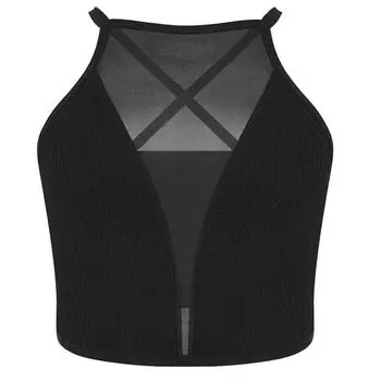 Women Sexy Mesh Bra Crop Top Summer Sleeveless See Through Transparent Tank Top Bra Vest Casual Sporty Blouse Fashion Streetwear Party Shirt XS чёрный