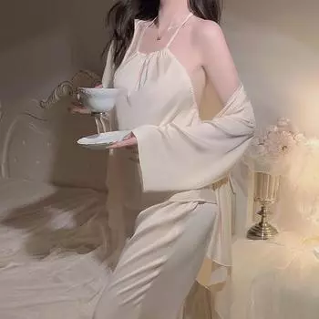 Women Sexy Sleepshirts Suits Hanging Neck Hollow Satin Top Pants Cardigan Outer Robe Lounge Comfortable Clothing one size