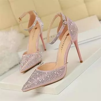 Women Shallow Mouth Pointed Toe Hollow High Heels Sandals Wedding Champagne Gold Pumps Crystal Glitter Rhinestone Sandals 34(Foot22cm)
