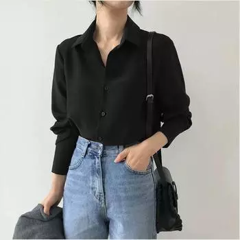 Женская рубашка Классическая шифоновая блузка Свободная рубашка с длинным рукавом Женская простая рубашка Топы Женская одежда Blusas XXXXL чёрный