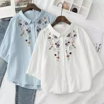 Women Shirt Lapel 3/4 Sleeve Flower Embroidery Print Shirt Tops Single Breasted Loose Fit Casual Office Shirt Street Wear M синий