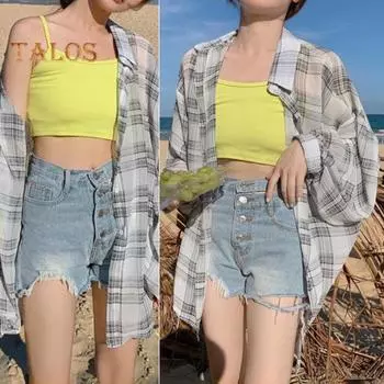 Женская рубашка с лацканами и длинными рукавами, клетчатая рубашка с принтом, топы, тонкая однобортная прозрачная солнцезащитная рубашка, повседневная одежда L розовый