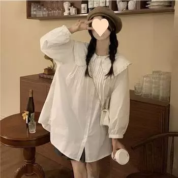 Women Shirts Solid Lantern Long Sleeve Peter Pan Collar Korean Style Fashion Tops Retro Female Blouse Simple Leisure All-match XXXL белый