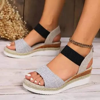Women Shoes 2024 Hot Sale Elastic Band Women Sandals Summer Open Toe Solid Color Wedge Beach Shoes Ladies Platform Sandals Women 35 бежевый