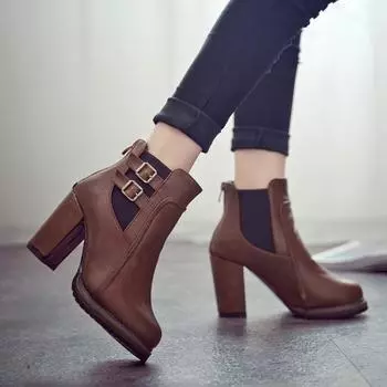 Women Shoes 2025 Autumn Size 43 Retro Black Pumps Belt Buckle Short Boots Fashion Heeled Ankle Boots Women Zapatos Mujer 35