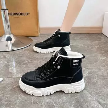 Women Shoes Ankle Boots 2024 New Autumn British Wind Leather Thick with Fur Ladies Short Lace-up Boots Botas Mujer 35 бежевый