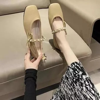 Women Shoes Autumn Bow-Knot Square Toe Pearl Decorateion Female Footwear Shallow Mouth Low Heels White Sneakers Fall Comfortable 35 бежевый