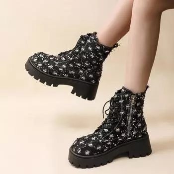 Women Shoes Autumn Winter Fashion Warm Square Heel Women Boots New Comfortable Floral Color Blocking Boots Women Botas De Mujer 35 чёрный