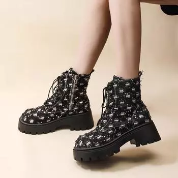 Women Shoes Autumn Winter Fashion Warm Square Heel Women Boots New Comfortable Floral Color Blocking Boots Women Botas De Mujer 35 чёрный