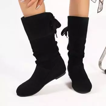 Women Shoes Comfortable Pleated Women Boots Faux Suede Flock Knee High Boots Winter Fashion Slip on Low Heel Knight Boots Women 35 чёрный