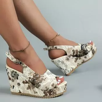 Women Shoes Fashion Shoes Casual Summer Vintage Floral Print large size Peep Toe Wedge sandals 36 чёрный