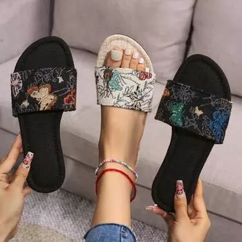 Women Shoes Hemp Fiber Butterfly Print Pattern Summer Sandals for Women Indoor Non-slip Slippers Sandale Femme Et 2024 Luxe 35 бежевый