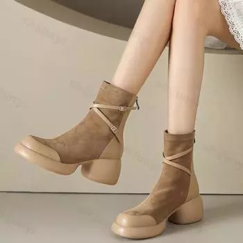 Women Shoes High Quality Suede Leather Back Zipper Women Ankle Boots Winter Round Toe Short Barrel Platform Increase Height Boot 35 хаки