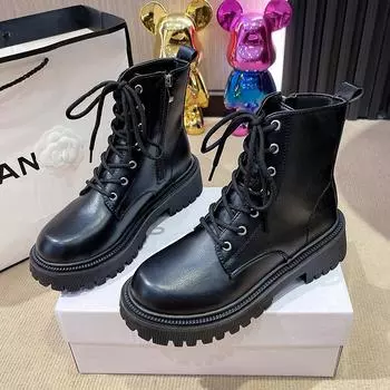 Women Shoes Round Toe Women s Ankle Boots 2024 New Fashion Lace-Up Solid Color Chunky Modern Female Shoes Botines De Mujer 35