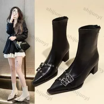 Women Short Boots Pointed 2024 New Retro Belt Buckle Elastic Boots British Style High Heels Leather Zipper Korean Fashion Boots 35 чёрный
