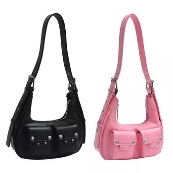 Women Shoulder Bag with Double Pockets PU Leather Crossbody Bag Solid Clutch Purse Adjustable Strap Travel Commuter Bag розовый