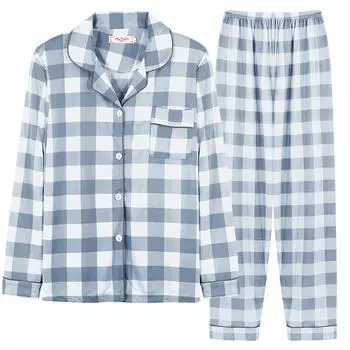 Женские шелковые пижамные комплекты с лацканами, кардиган из 2 предметов, синяя клетчатая домашняя одежда с длинным рукавом, зимняя повседневная модная домашняя одежда 2XL синий