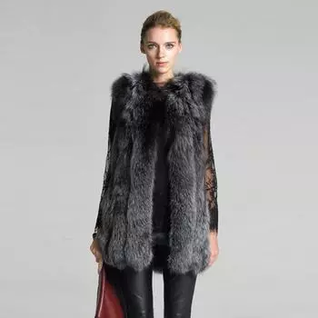 Women Silver Gray Long Faux Fur Vest Female Winter Thick Warm Artificial Fur Gilet Fuzzy Coat Outerwear S