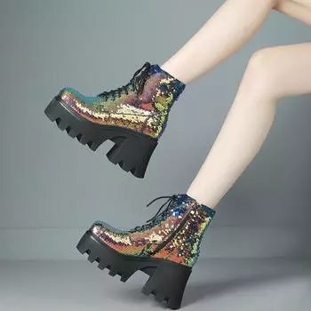 Женские серебряные блестящие сапоги на высоком толстом каблуке со шнуровкой, блестящие зеленые сапоги на платформе в готическом стиле, женские туфли с квадратным носком, размер 43 38 серебряный