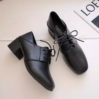 Women Single Shoes New Fashion Women High Heels Ladies Work Shoes Thick Heel Lace-up Pumps Women Casual PU Leather Shoes 35