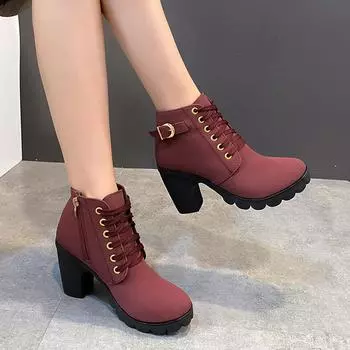 women single shoes round head high heel Martin boots 2024 British style bare boots women shoes platform short boots short boots tide 35 красный