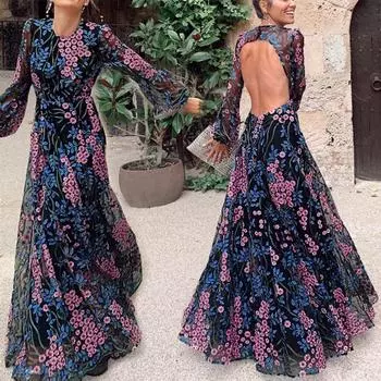 Женщины слинг крест свадьба V-образным вырезом элегантное вечернее вечернее тонкое полое кружевное платье XL фиолетовый