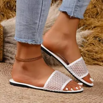 Женские тапочки 2024 года, новинка осени, горячая распродажа, женская обувь, женские тапочки с открытым носком, сетчатая обувь на плоской подошве, женские пляжные шлепанцы 36 чёрный