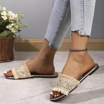 Women Slippers 2024 New Simple Casual Beach Slippers Fashion Cane Weave Open Toe Flat Flip Flops Summer Outwear Ladies Sandals 36 бежевый