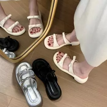 Женские тапочки 2024 года, новые летние модные повседневные босоножки на низком каблуке, квадратные каблуки, тапочки, шлепанцы, женские, Zapatos De Mujer 35 бежевый