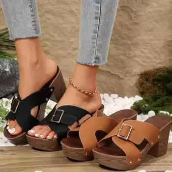 Women Slippers 2024 Summer High Heels Women Sandals Platform Fish Mouth Luxury Ladies Slippers Non-slip Casual Large Size 43 36 чёрный