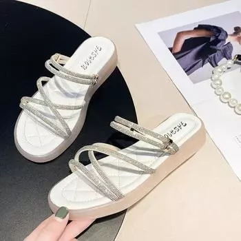 Women Slippers 2024 Summer Woman Sandals Flat Sandalias Thin Strips Gladiator Beach Sandals Ladies Flip Flops Zapatos De Mujer 35 бежевый