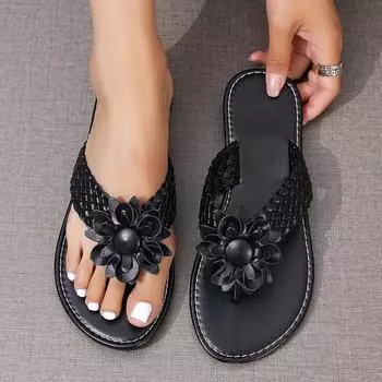 Women Slippers Flower Flat Flip Flops Woman Sandals Boho Style Braided Band Ladies Slippers Casual Shoes Non Slip Slides Women 36 бежевый