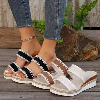 Women Slippers New 2024 Summer Platform Weave Wedges Bohemian Fashion Beach Casual Sandals Flip Flops Slides Zapatos De Mujer 36 бежевый