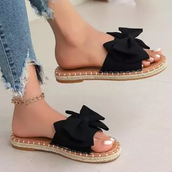Women Slippers New Bowknot Flat Slippers Summer Solid Color Elegant Sandals Beach Shoes for Women Slides Women Zapatos De Mujer 36 бежевый