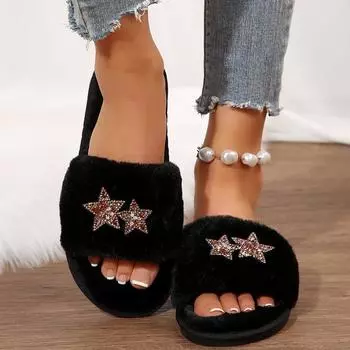 Women Slippers New Fashion Warm House Slippers Winter New Trend Fur Home Shoes for Women Casual Plush Comfortable Slides Women 36-37 чёрный