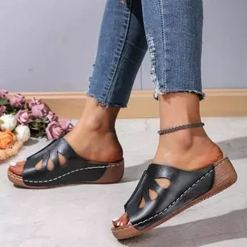 Women Slippers New Open Toe Wedge Sandals White Summer Fashion Breathable Comfortable slides Woman Buckle Female Footwear Shoes 36 чёрный