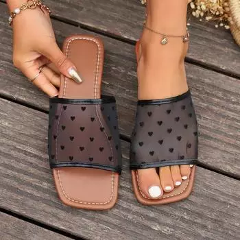 Women Slippers New Pattern Sandals Mesh Flat Bottomed Slippers Flip Flops Fashionable Elegant Slides Women Zapatillas De Mujer 36 бежевый