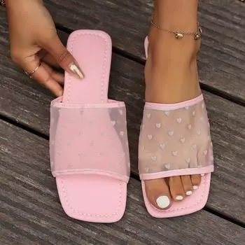 Women Slippers New Pattern Sandals Summer Mesh Flat Bottomed Flip Flops Fashionable and Elegant Slides Women Slippers Plus Size 36 бежевый